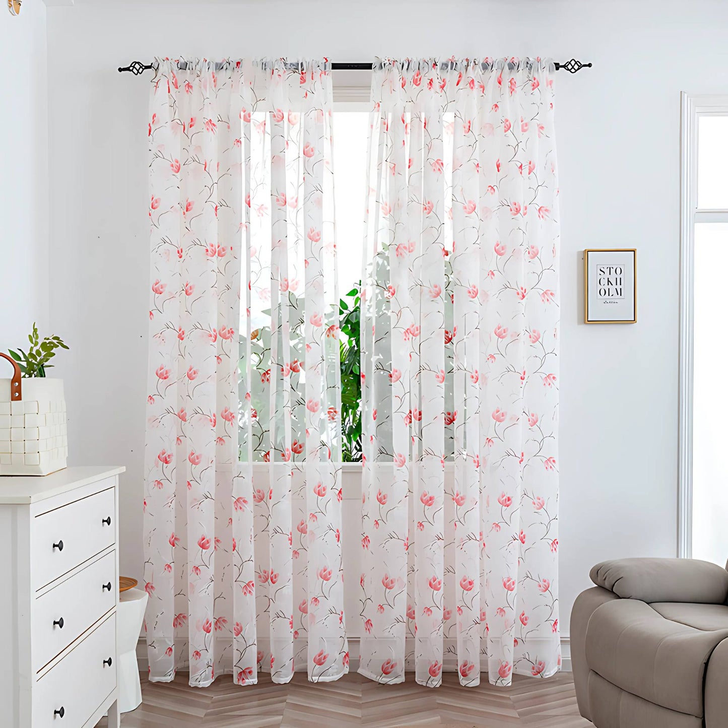 Mesh Flower Print Curtains
