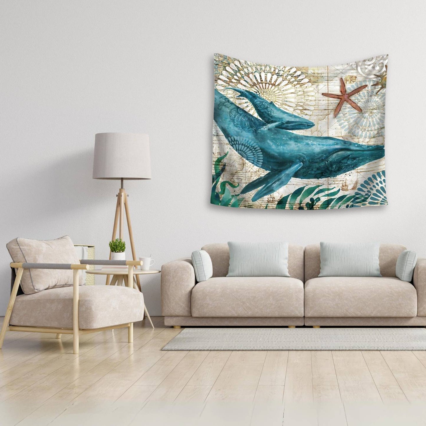 Blue Whale Beach Theme Tapestry